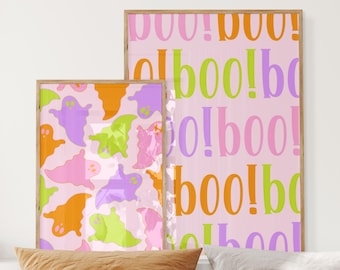 Pink Halloween Wall Art Set of 2, Cute Ghost Art Printable for Pastel Halloween Decor, Kids Room Spooky Decor, Playful Boo Typography Print