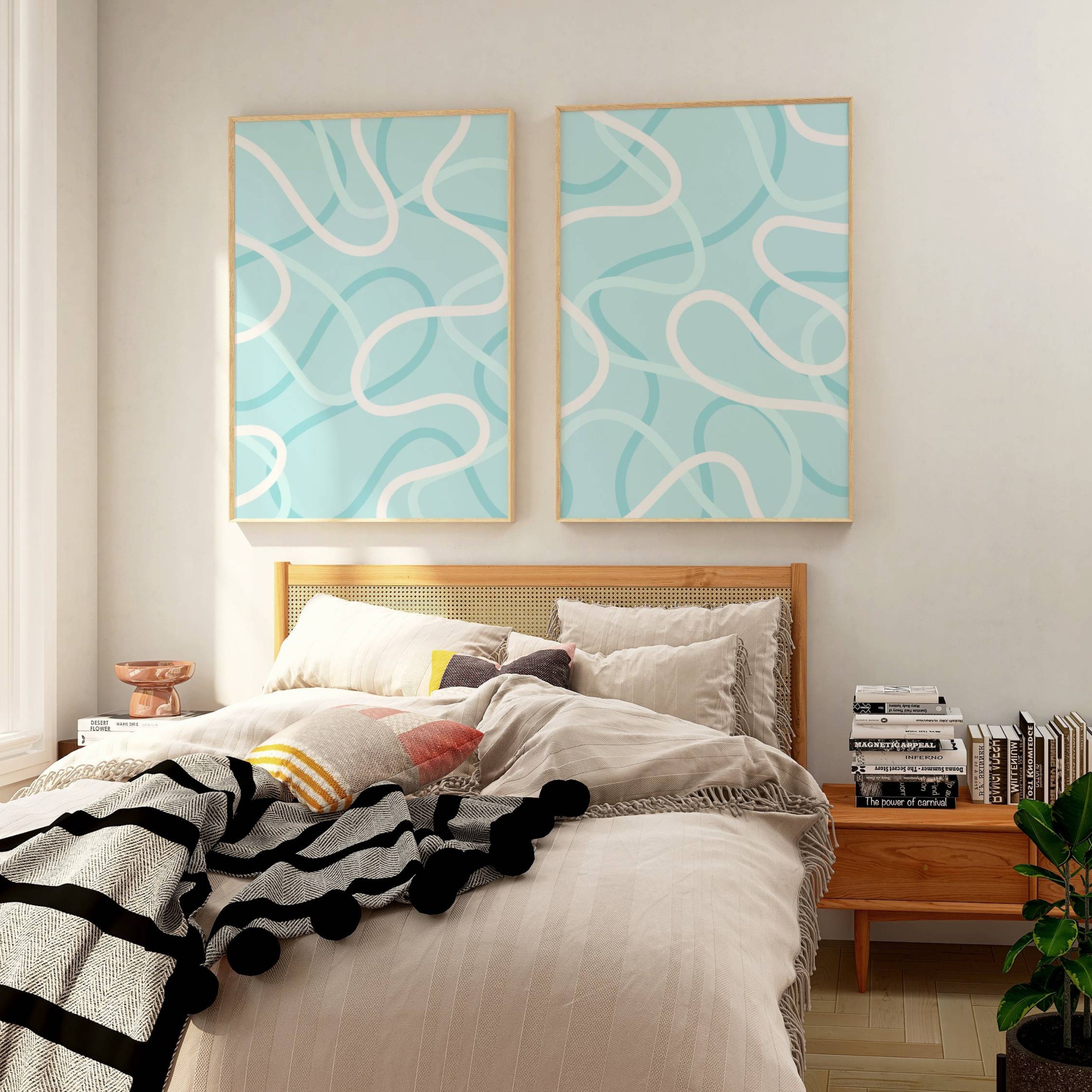 Light Blue Wall Art Aesthetic Room Decor for Teens, Aqua Abstract Line ...