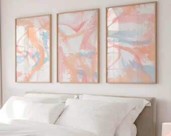 Juego de 3 trípticos de arte mural en tonos pastel, impresiones minimalistas de acuarela, obra de arte abstracto moderno en azul melocotón y rosa ruborizado, arte contemporáneo imprimible.