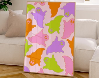 Colorful Ghost Wall Art Printable, Pink Halloween Decor for Kids Room, Whimsical Spooky Cute Ghost Print, Fun Spooky Season Decor (Digital)
