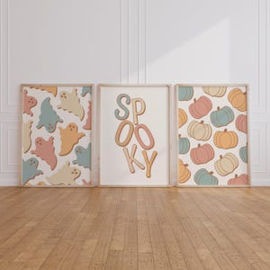 Pastel Halloween Wall Art Set of 3, Cute Ghost Print, Boho Pumpkin Poster, Spooky Season Decor for Kids Room, Printable Fall Decorations