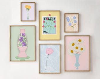 Whimsical Floral Wall Art Set of 6, Pastel Flower Gallery Wall Collage, Colorful Botanical Prints for Cottagecore Decor, Retro Art Printable