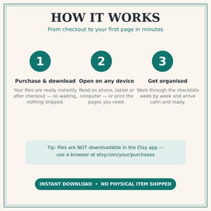 May include: An instructional graphic titled HOW IT WORKS with three steps: 1 Purchase & download, 2 Open on any device, 3 Get organised. Includes a tip about browser downloads and a banner stating INSTANT DOWNLOAD &bull; NO PHYSICAL ITEM SHIPPED.