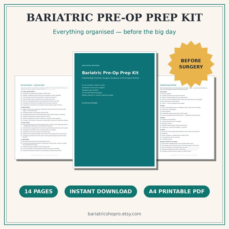 May include: A Bariatric Pre-Op Prep Kit featuring a dark teal cover page and two white internal pages with checklists. The text includes Bariatric Pre-Op Prep Kit, Everything organised&mdash;before the big day, and BEFORE SURGERY.