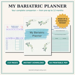 May include: A digital bariatric planner with 219 pages, featuring a cover with green leaf illustrations and a blue brushstroke. The planner includes a bariatric journal page for tracking hydration and symptoms, plus a monthly goal page.