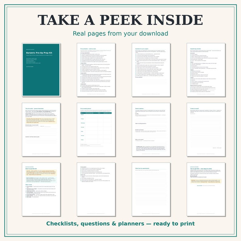 May include: A digital Bariatric Pre-Op Prep Kit featuring twelve pages of checklists, questions, and planners. The document includes a teal cover page with white text and eleven white pages with black text, ready for printing.