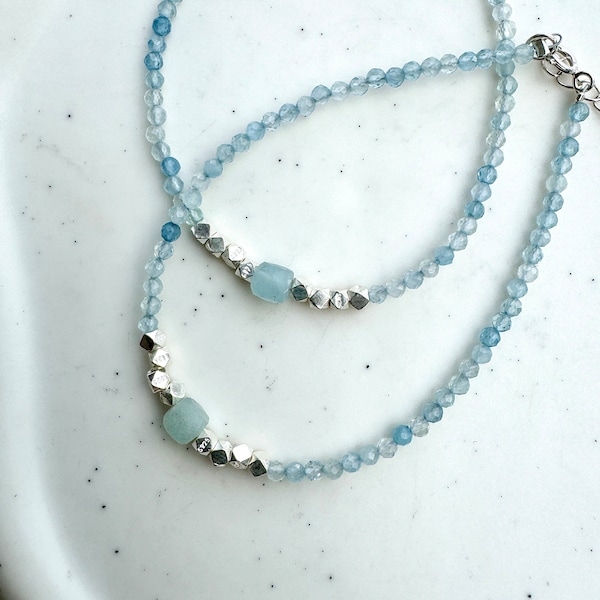 925 Sterling Silver raw faceted beads genuine aquamarine bracelet, minimalist aquamarine beaded bracelet gift for her