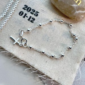 Sterling silver 925 rosary bracelet, beaded silver bracelet, cross bracelet, religious bracelet, gift fur her