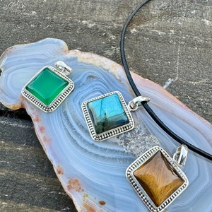 925 Sterling Silver Thai design genuine square Green onyx pendant, genuine square Tigers eye pendant, genuine Labradorite pendant