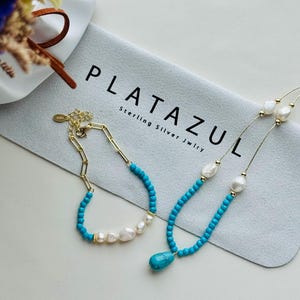 Sterling silver natural turquoise and freshwater pearl necklace, silver gold plated genuine turquoise and natural baroque pearls necklace