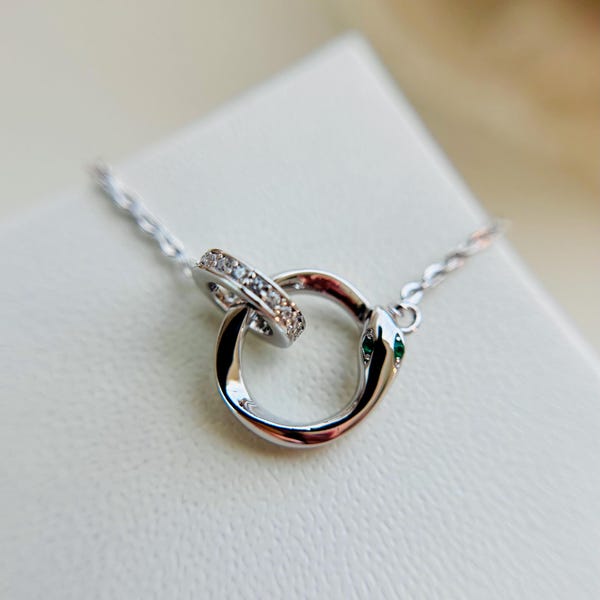 Sterling Silver Ouroboros Necklace: Green Zircon Snake Eternity Pendant