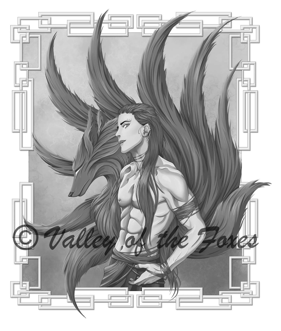 Renard à neuf queues Page de coloriage adulte manga imprimable en niveaux de gris TÉLÉCHARGEMENT