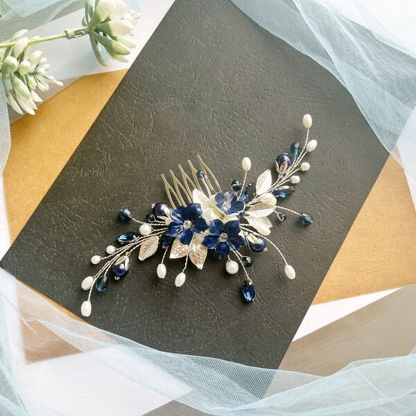 Navy blue crystal bridal comb. Wedding hair comb. Floral hair piece. Navy blue wedding. Flower prom comb VF-524