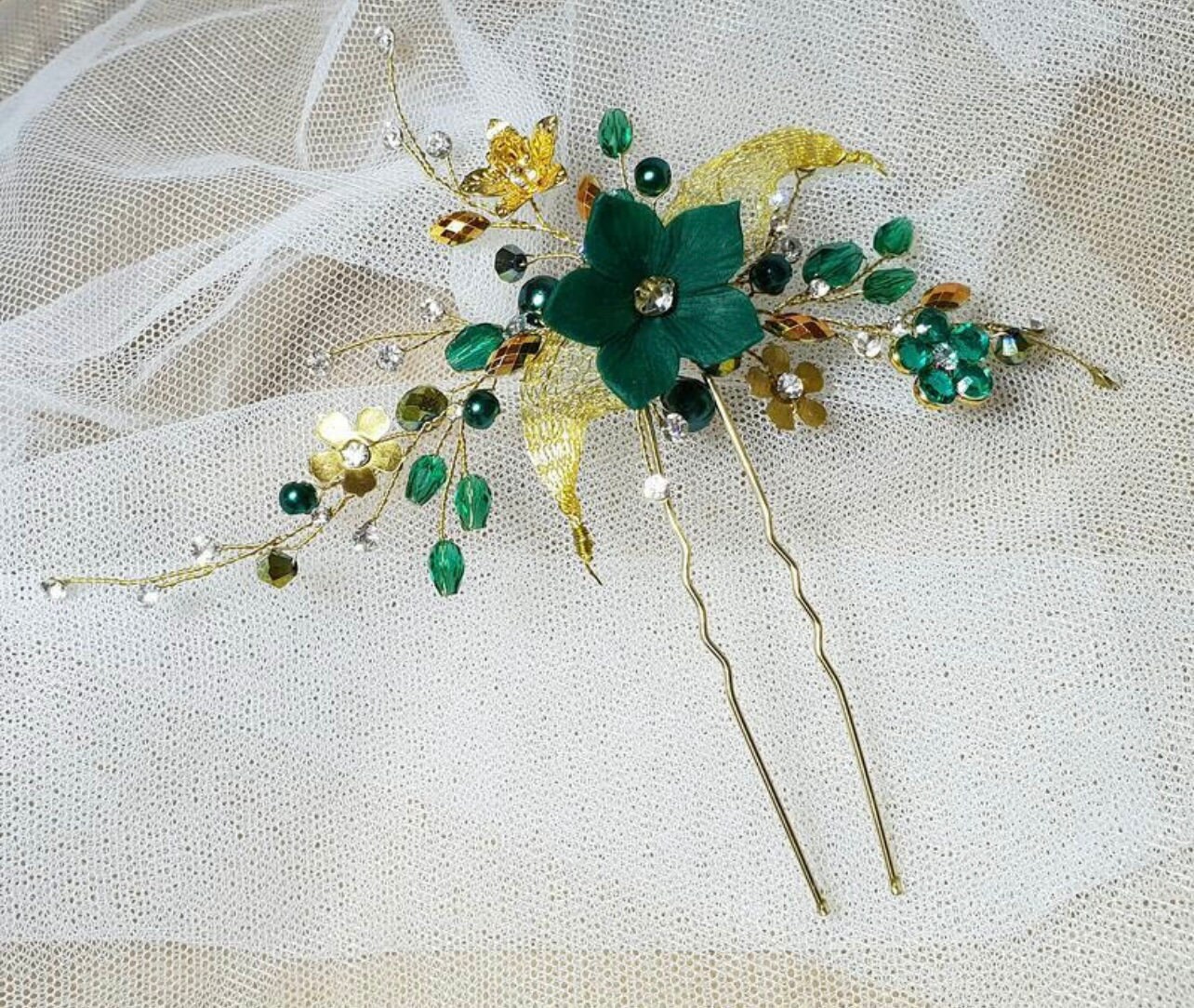 Emerald and Gold Hair Pin Emerald Hair Pin Emerald Hair Piece Emerald Green  Wedding Hair Pins Green Hair Clip Emerald Headpiece for Bride 