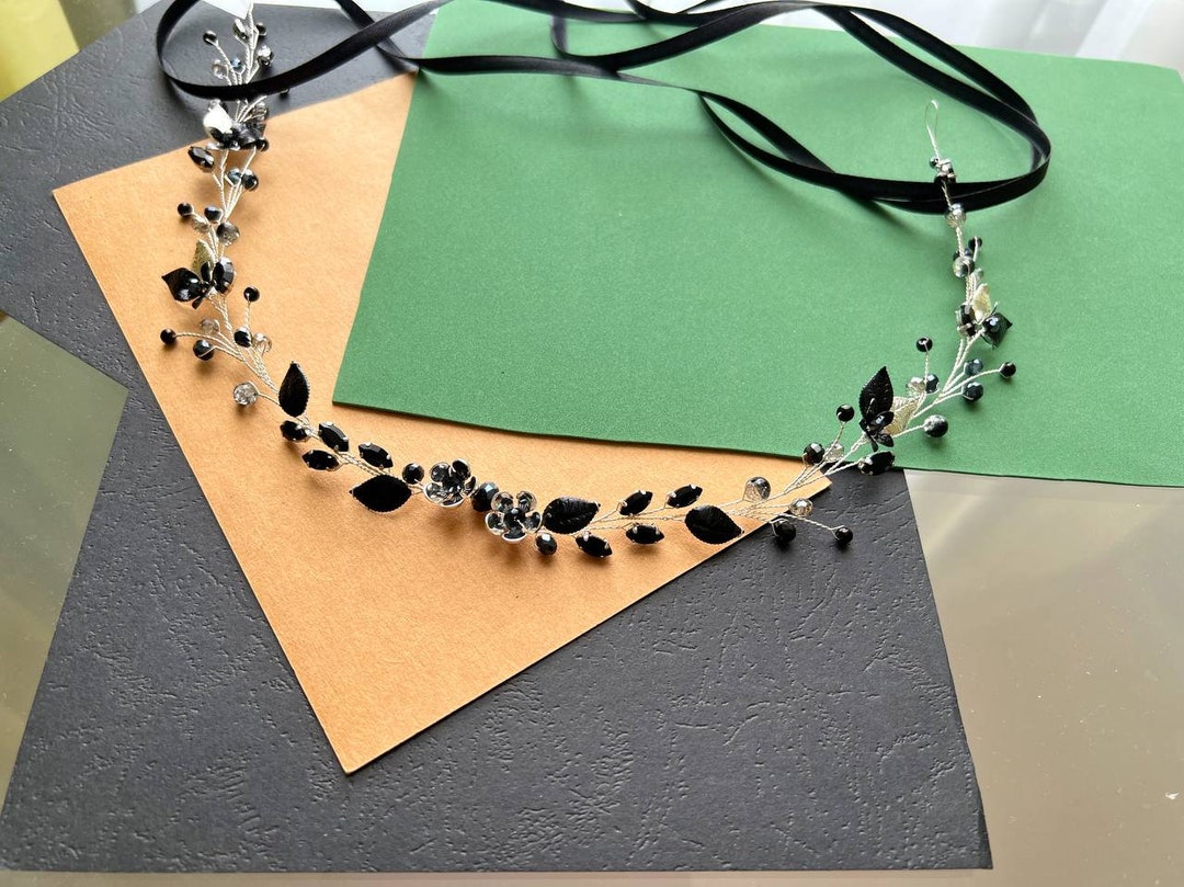 Black Floral Bridal Dress Belt. Black Pearls Sash Belt. Crystal Wedding