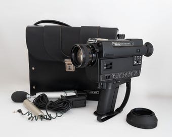 TESTED and WORKING Sankyo Sound XL-400S Super 8 Film Camera, 1970s 70s Analogue Movie Film Camera + Original case + 2 Mics + Lens hood