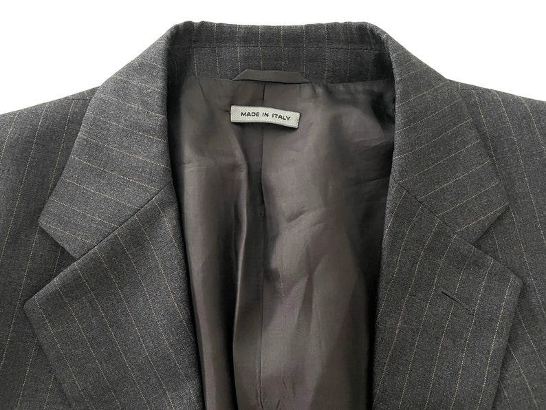 Vintage Mens Striped Dark Grey Wool Suit, 90s Y2k 2000s Italian Design Men's Business Tailored Suit Blazer Regular Fit Plain Trousers imagem 5