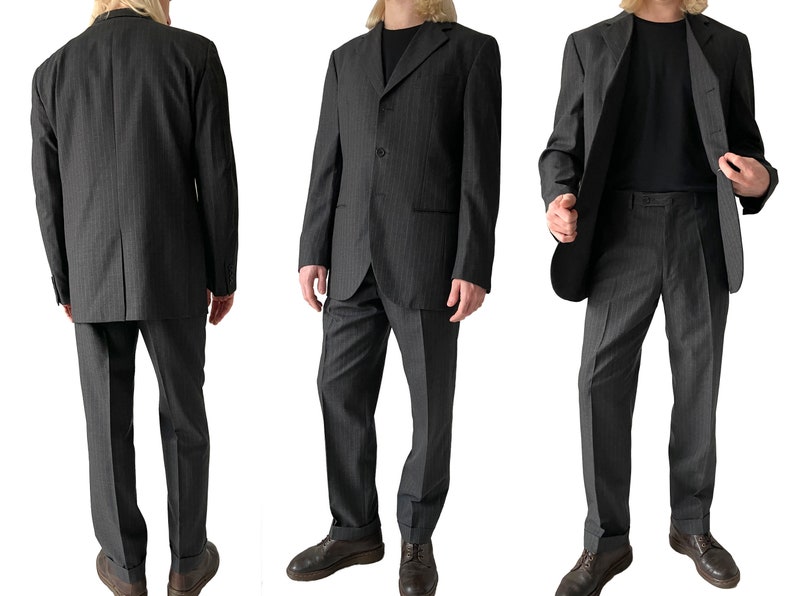 Vintage Mens Striped Dark Grey Wool Suit, 90s Y2k 2000s Italian Design Men's Business Tailored Suit Blazer Regular Fit Plain Trousers imagem 2