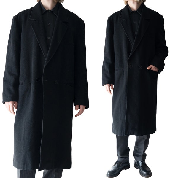 Vintage Italian Mens Pure Wool Long Coat, Classic Black Mod Preppy Overcoat Made in Italy, Retro Elegant Casual Long Cozy Jacket Coat