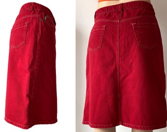 90s Y2k Burberry Red Midi Denim Skirt, Casual Vintage 2000s Low-Waisted Bright Long Sexy Hippie Boho Scarlet Jeans Skirt Made in Italy