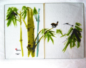 Rare Vintage Silkscreen on glassfold “Bamboo” No. 28 D600 by legendary Chinese artist Tyrus Wong Danalco 5x7 signed panels '75 FREE SHIPPING