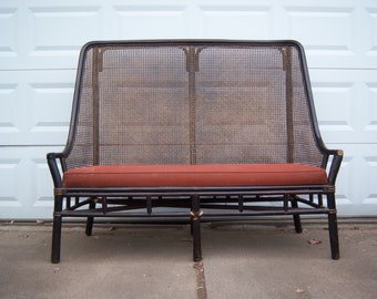 Vintage TROPI-CAL RATTAN + Cane High Back Loveseat Bench Settee in McGuire Hollywood Regency style