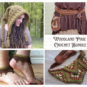 Könnte beinhalten: Eine Sammlung handgefertigter Häkelartikel in Erdtönen. Enthält eine Kapuzenhaube mit Quasten, einen Gürtel mit einer kleinen Tasche, Fußkettchen mit hängenden Verzierungen und eine dreieckige Umhängetasche. Der Text "Woodland Pixie Crochet Bundle" ist ebenfalls sichtbar.