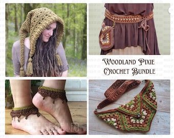 Woodland Pixie Bundle Crochet Pattern, Pixiecore Hood, Crochet Bag Pattern, Fairycore Crochet, Crochet PDF Pattern, 4x Pattern Bundle