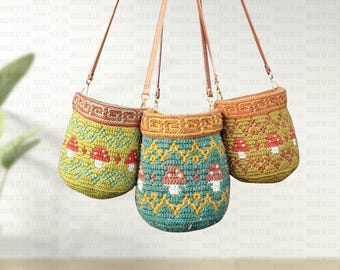 Mosaic Crochet Pattern Toadstool Tote Bag , PDF pattern, Boho Bucket Crochet Bag, Mosaic Crochet Pattern, Cross Body Slouch Bag