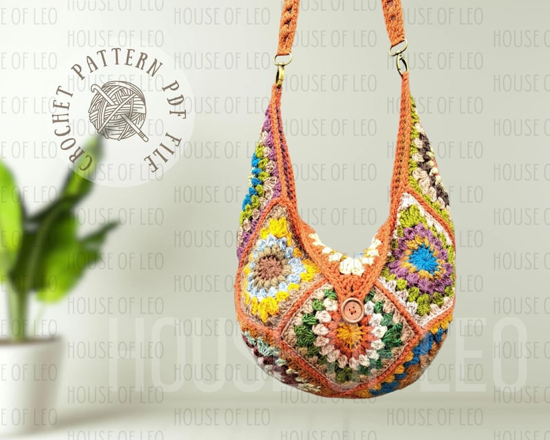 Molly Boho Bag Crochet Pattern, PDF pattern, Boho Crochet Bag, Granny Square Crochet Pattern, Cross Body Slouch Bag
