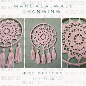 May include: A pink crocheted mandala wall hanging with tassels. The mandala is a circular design with a starburst pattern. The tassels are attached to the bottom of the mandala.