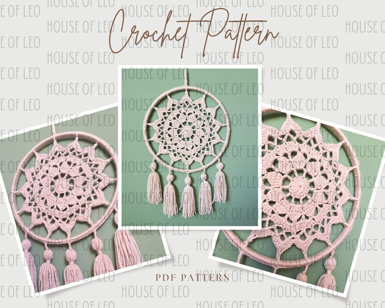 May include: A crochet dream catcher with a pink and white mandala design and white tassels. The dream catcher is hanging from a wooden hoop.