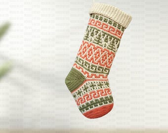 May include: A handmade Christmas stocking with a cream-colored cuff and a geometric pattern in red, green, and cream. The toe and heel are green, and the bottom is red. The stocking is made of yarn.