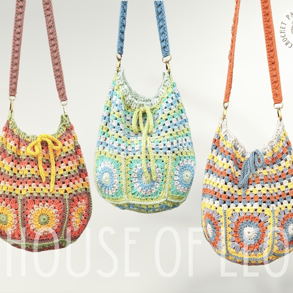 Polly Bucket Bag Crochet Pattern, PDF pattern, Boho Crochet Bag, Granny Square Crochet Pattern, Cross Body Slouch Bag, Hippie Bucket Bag