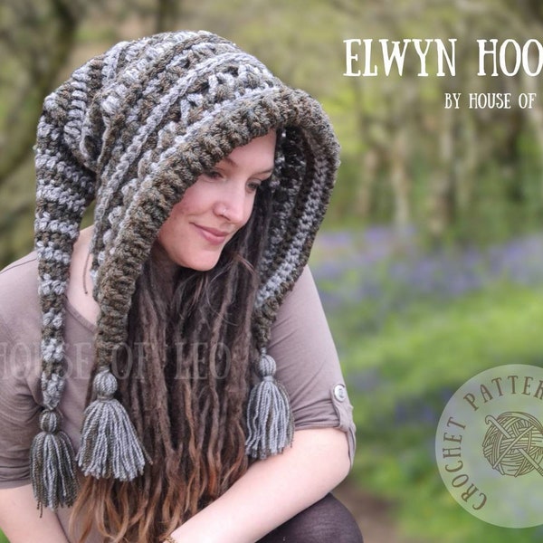 Modèle au crochet Elwyn Hood, capuche lutin, modèle de bonnet au crochet, capuche fairycore, patron PDF au crochet