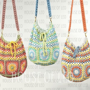 Polly Bucket Bag Crochet Pattern, PDF pattern, Boho Crochet Bag, Granny Square Crochet Pattern, Cross Body Slouch Bag, Hippie Bucket Bag