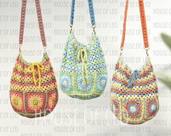 Polly Bucket Bag Crochet Pattern, PDF pattern, Boho Crochet Bag, Granny Square Crochet Pattern, Cross Body Slouch Bag, Hippie Bucket Bag