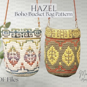 Puede incluir: Dos bolsos de cubo de ganchillo con correas de cuero marrón. Uno es crema con patrones geométricos y diseños florales coloridos. El otro es verde oliva con patrones florales amarillos y un ribete rojo. El texto "HAZEL Boho Bucket Bag Pattern" es visible.