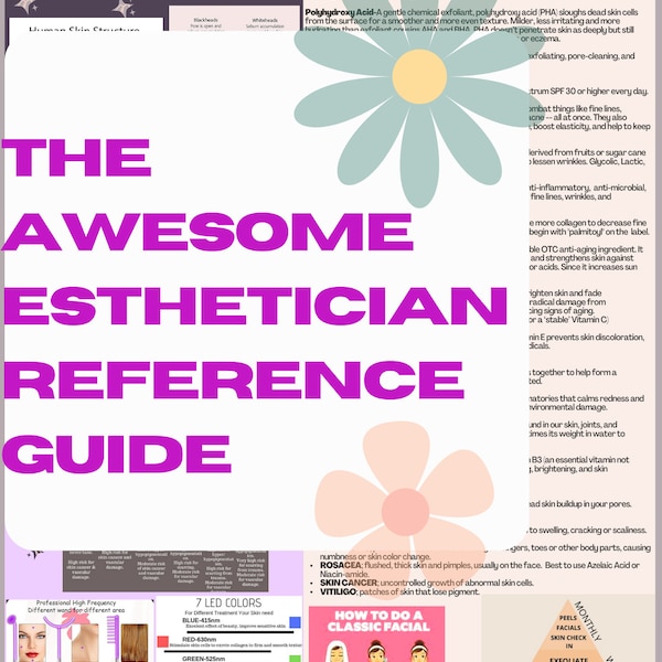 Guide de référence rapide imprimable pour esthéticiennes (8,5 x 11 po.). Gardez l'essentiel à portée de main. Produits, peelings, pH, couches cutanées, Fitzpatrick
