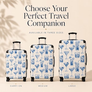 Maleta de viaje rígida azul francés con estampado personalizado de cóctel, ideal como regalo para hombre, con ruedas, para llevar en el aeropuerto.