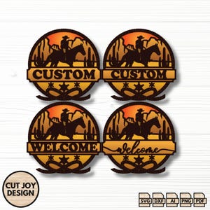 Cowboy-welkomstbord SVG – aangepast bord SVG – lasergesneden bestanden voor Glowforge, Cricut – westelijke deurhanger SVG, rustieke muurkunst
