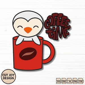 Cute Penguin Coffee Lover Gift Svg Dxf Pdf Png Ai, Laser Cut Coffee Mug Template For Glowforge Cricut, Animal Kitchen Wall Art