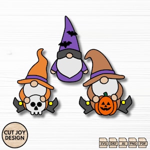 Halloween Gnome Laser Cut File Bundle | 3D Layered SVG | Glowforge Files | Halloween Decor | Pumpkin Skull Witch Gnome SVG