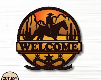 Placa de boas-vindas de cowboy SVG: arquivo de corte a laser ocidental para Cricut, Glowforge