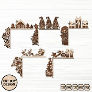 Könnte beinhalten: Eine Sammlung von lasergeschnittenen Eckdesigns mit Weihnachtsmotiven aus Holz. Die Designs umfassen ein Haus, Zwerge, Geschenke, den Weihnachtsmann, Schneeflocken, Rentiere, einen Weihnachtsbaum und Ornamente. Der Text "CUT JOY DESIGN" befindet sich in einem Kreis.