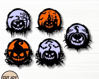 May include: Five Halloween-themed cut-out designs featuring jack-o'-lanterns. Each design is circular, with a pumpkin face in the center. The pumpkins are surrounded by bats, trees, and a witch's hat. The designs are black and orange, with a light purple or orange background.