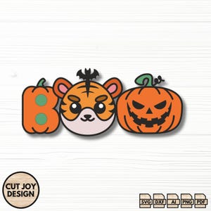 Tiger Boo Halloween SVG, Halloween Laser Cut File, Pumpkin Bat Halloween Sign, Holiday Laser File SVG, Glowforge DXF File
