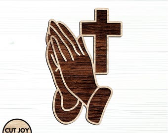 Archivo SVG de corte láser de manos y cruz en oración – Decoración de fe (Descarga digital)