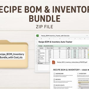 May include: A digital recipe and inventory bundle, including a ZIP file, a spreadsheet titled "Recipe BOM & Inventory Auto-Tracker", and a PDF document with usage instructions. The text "Recipe BOM & Inventory" is displayed prominently.