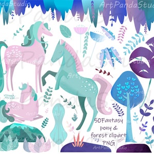 Magisches Pastell Pony Bündel, Reben & Baum Clipart, Digitaler Download, kommerzielle Nutzung, Pferde Illustration, Kinderbuch Clipart, Kinderzimmer png